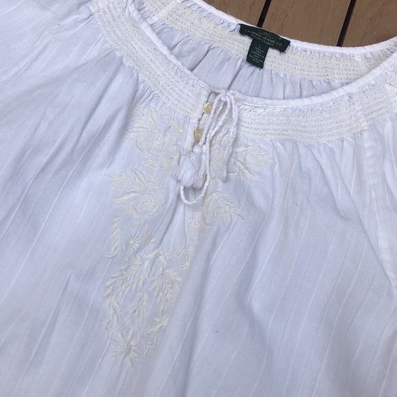 LRL Lauren Jeans white cotton summer blouse with floral embroidery and neck ties - Picture 8 of 11